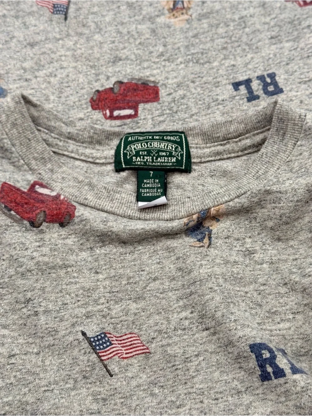 Polo Ralph Lauren Boy’s Grey All-Over Print Bear Truck Short Sleeve Shirt Size 7